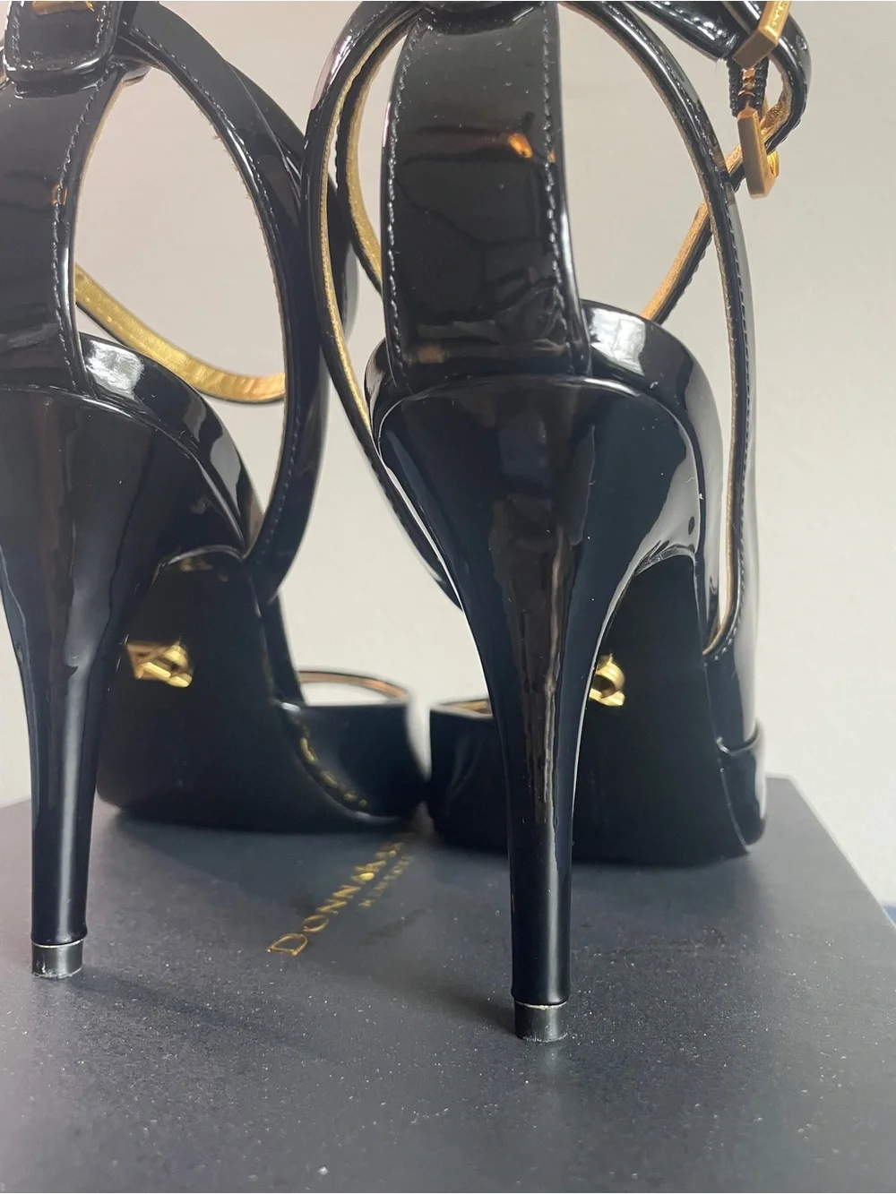Donna Karan - Somerset - Black Patent Peep-Toe Ankle-Strap Heels with Gold Trim